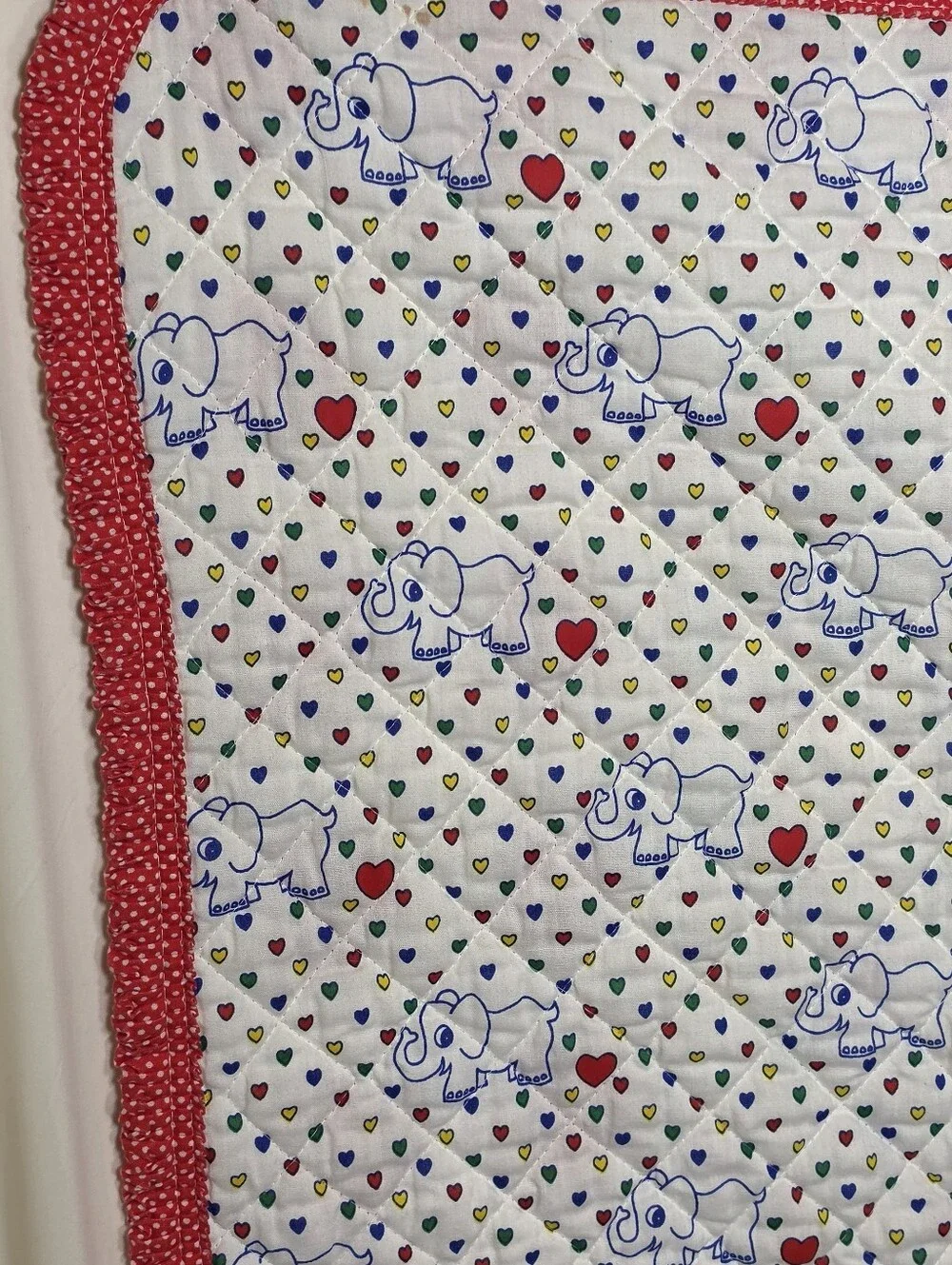 Vtg 1980s Sears Red Calliope Baby Crib Quilt Blanket Blue Elephant Hearts Ruffle